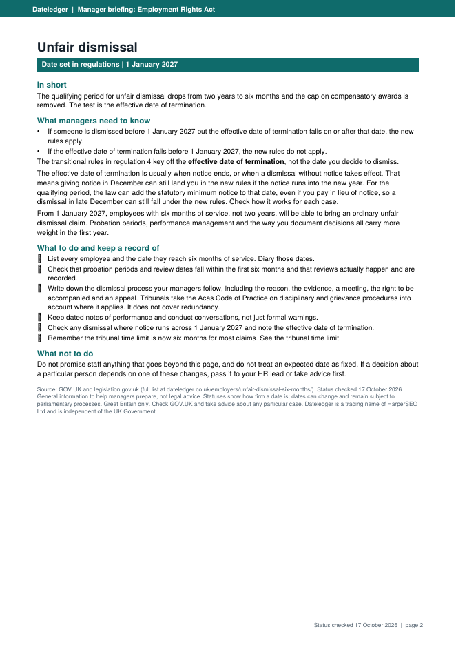 Screenshot of the Manager Briefing Pack with sample data